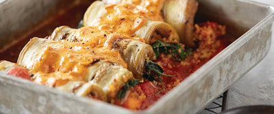 Eggplant Cannelloni with Pine Nut Romesco Sauce