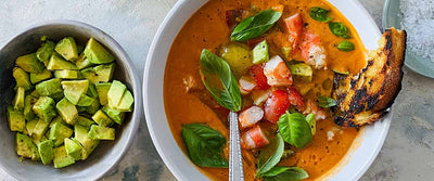 Summer Gazpacho with Prawns, Avocado & Basil