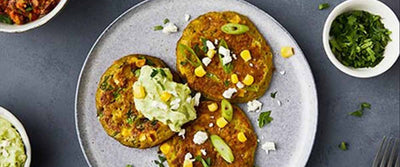 Sweetcorn Fritters with Feta Guacamole and Salsa