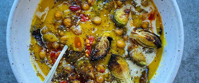 Tray-Roast Pumpkin Soup with Roasted Brussels Sprouts