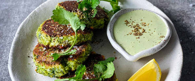 Broccoli, Zucchini & Haloumi Fritters with whipped herbed tahini
